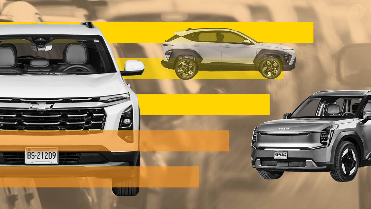 photo illustration of Chevrolet Equinox, Hyundai Kona, and Kia EV9 with graphic horizontal lines and blurred cars tinted brown in background
