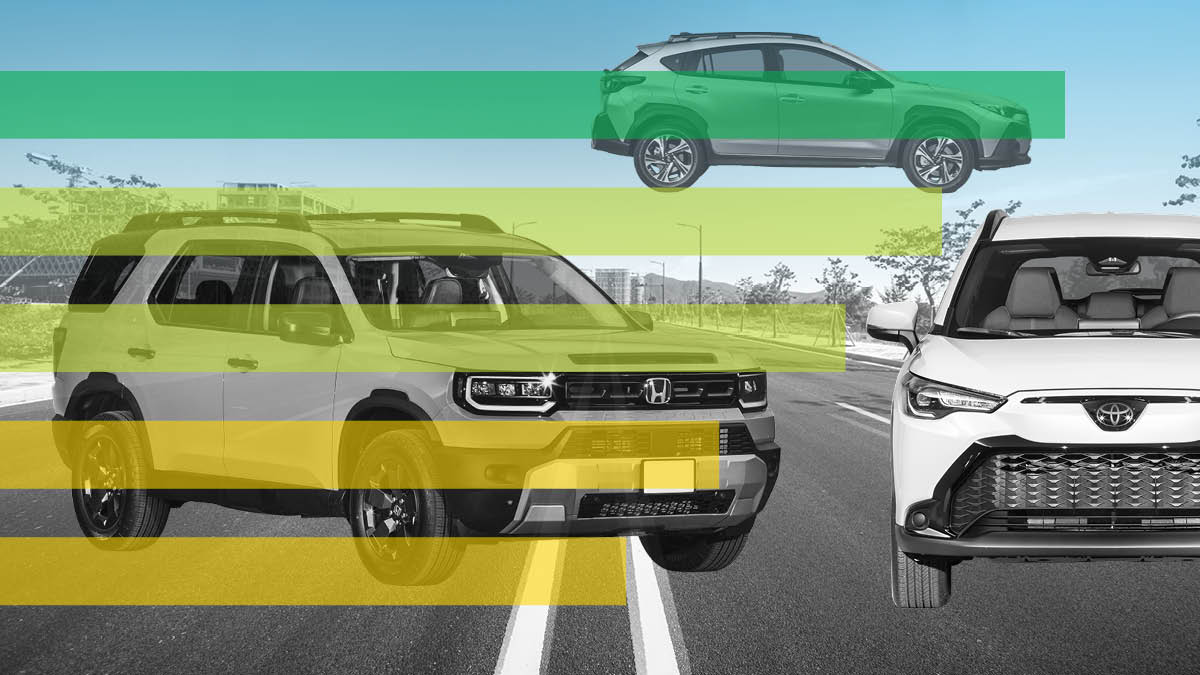 photo illustration of 2026 Honda Passport,
2026 Subaru Crosstrek, and 2026 Toyota Corolla Cross Hybrid with graphic horizontal lines and desert landscape with road and building tinted blue and grey in background