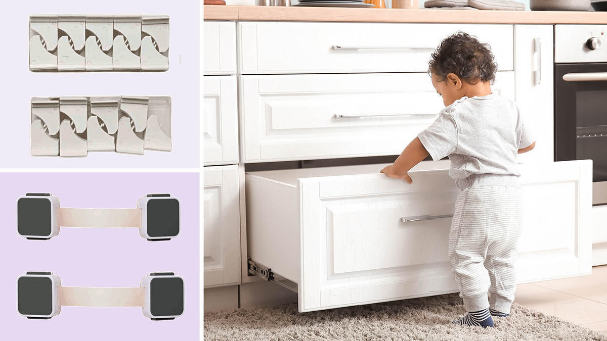 Clockwise from top left: Vmaisi Magnetic Cabinet Locks, a toddler looking into an open drawer in a kitchen, Jool Baby Magnetic Cabinet Locks