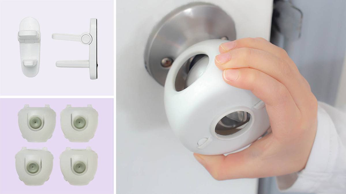 Clockwise from top left: Wappa Baby Door Lever Lock, a toddler's hand covering a doorknob cover, Eudemon Baby Safety Door Knob Covers