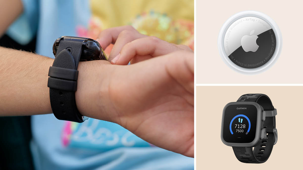 A smartwatch on a child's wrist, Apple Air Tag and Garmin Bounce.