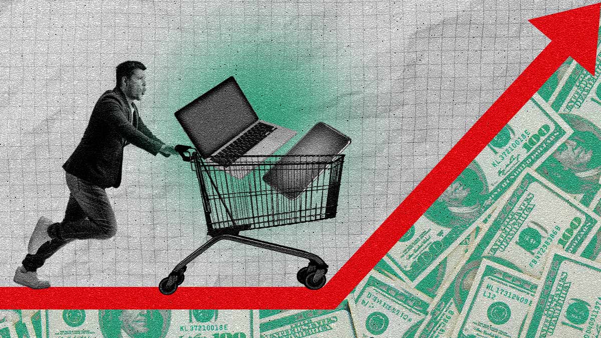 Photo illustration of a man pushing a shopping cart with a laptop and cell phone in it up a steep red arrow under which are several 100 dollar bills.