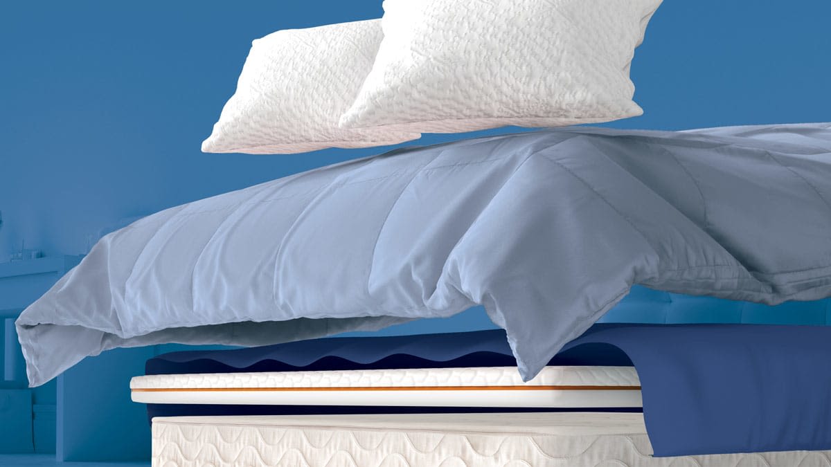 Photo-illustration of deconstructed bed with pillows, duvet with duvet cover, top sheet, mattress topper, and mattress with purple background