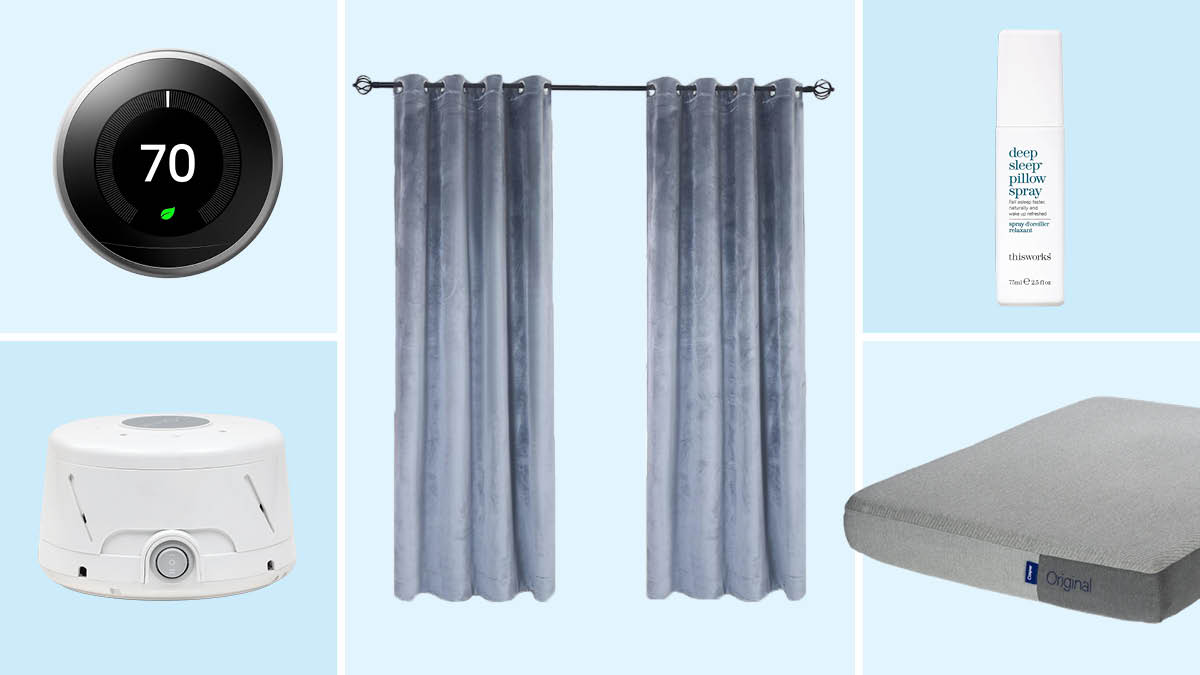 Nest thermostat, Yogasleep white noise machine, velvet curtains, This Works pillow spray, Casper mattress