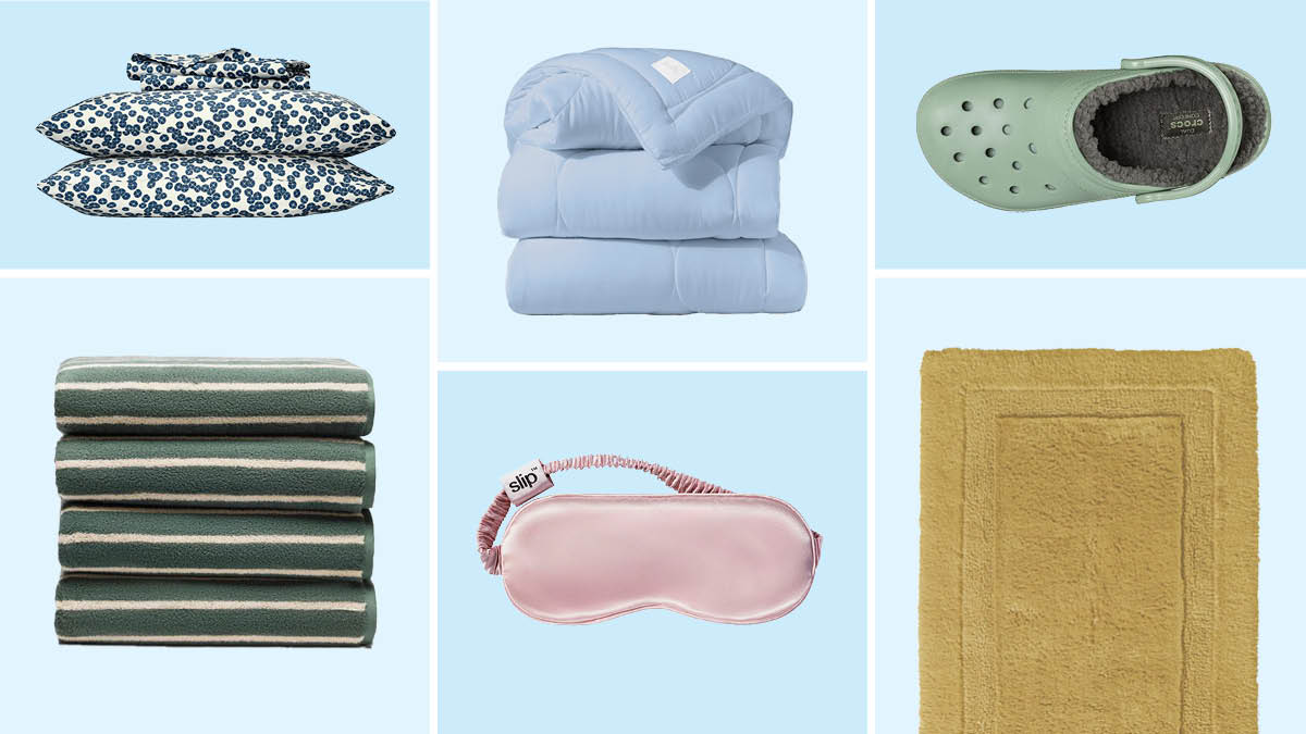 Brooklinen striped towels and luxe core bedsheets, Buffy duvet, Slip sleep mask, Frontgate bath mat, lined Croc