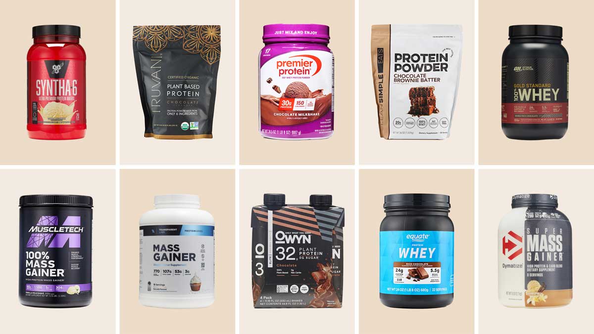 Clockwise from center: Premier Protein, Protein Powder, Chocolate Milkshake, Clean Simple Eats, Protein Powder, Chocolate Brownie Batter, Optimum Nutrition, Gold Standard 100% Whey, Chocolate, Dymatize, Super Mass Gainer, Gourmet Vanilla, Equate, Whey Protein, Rich Chocolate, Owyn, Pro Elite High Protein Shake, Chocolate, Transparent Labs, Mass Gainer, Sweet Vanilla, Muscle Tech, 100% Mass Gainer, Vanilla Milkshake, BSN, Syntha-6 Protein Powder, Vanilla Ice Cream, and Truvani, Plant-Based Protein, Chocolate