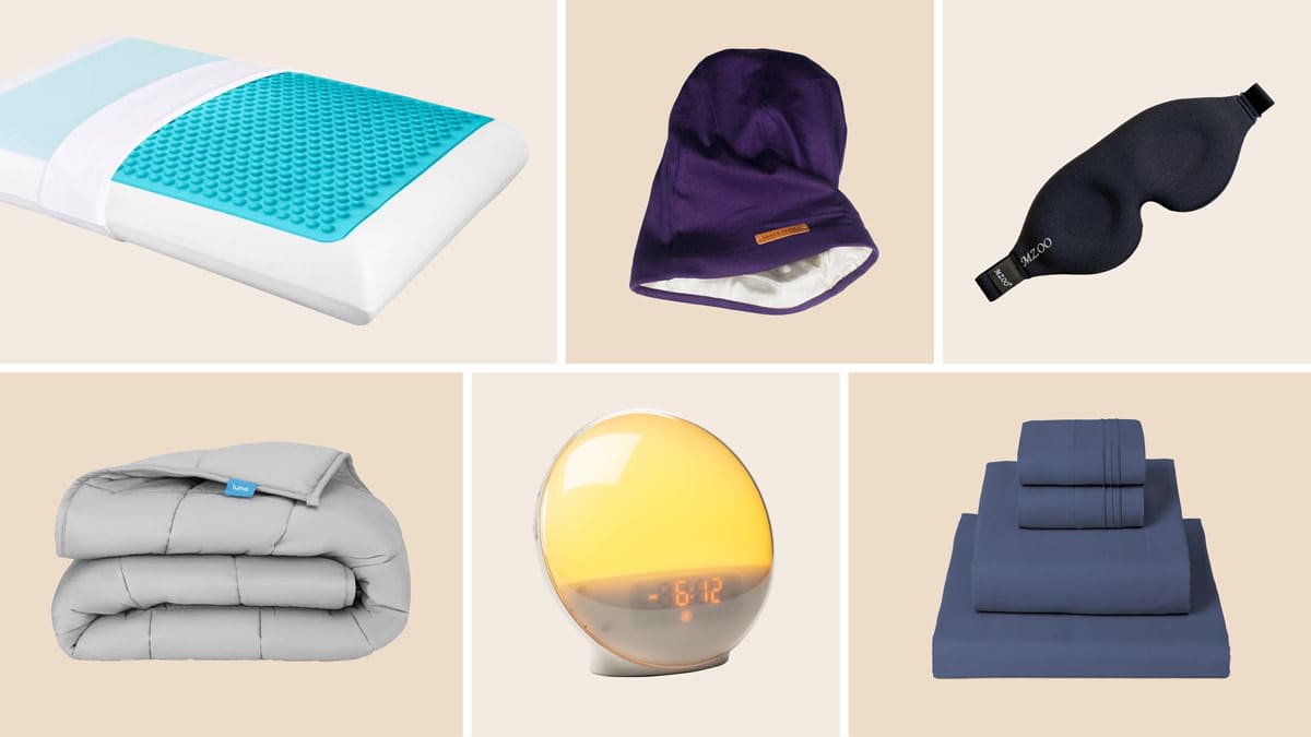 Comfort Revolution pillow, Grace Elayae slap cap, Mzoo Sleep Mask, Mellanni sheet set, JALL Wake Up Light Sunrise Alarm Clock, and Luna blanket