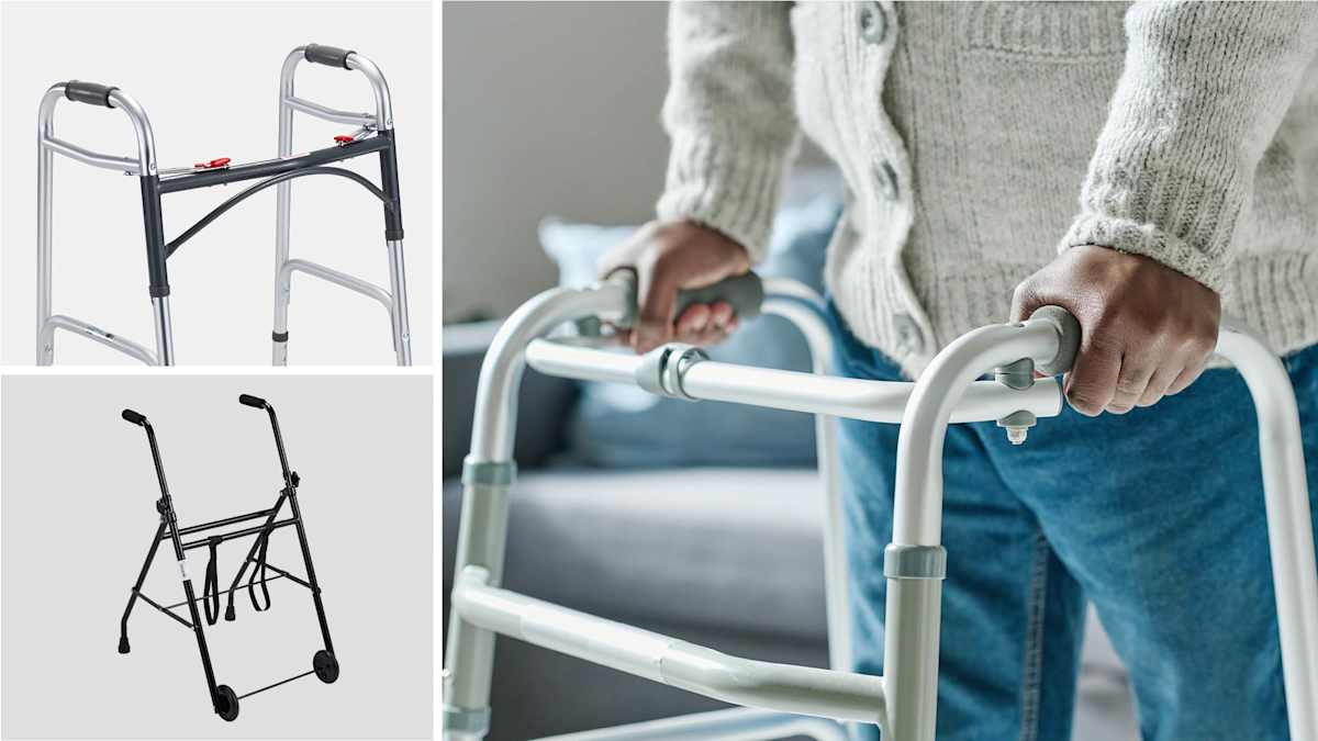 Clockwise from top left: Drive Medical Deluxe 2-Button Folding Walker, a senior person wearing a sweater with their hands on a walker, Pepe Mobility Walking Frame with Wheels