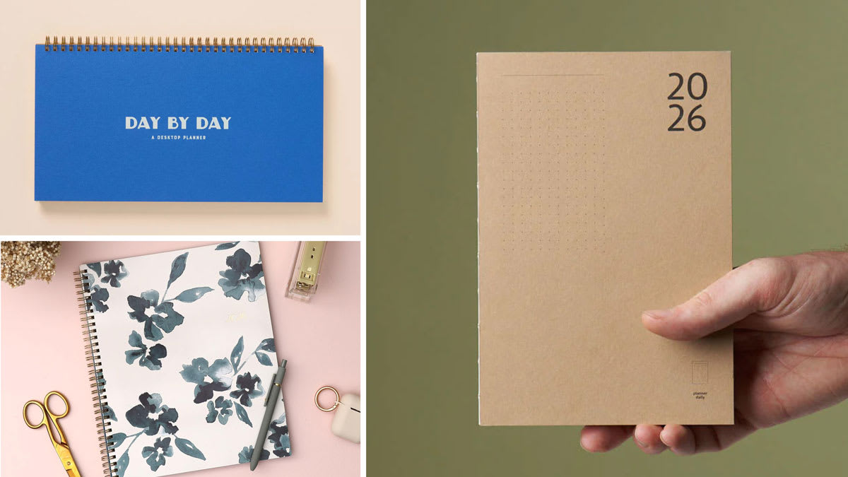 grid with Ruff House Day by Day Desktop Planner, Blue Sky Monthly Planner, and handing hold Paper Republic Daily Planner