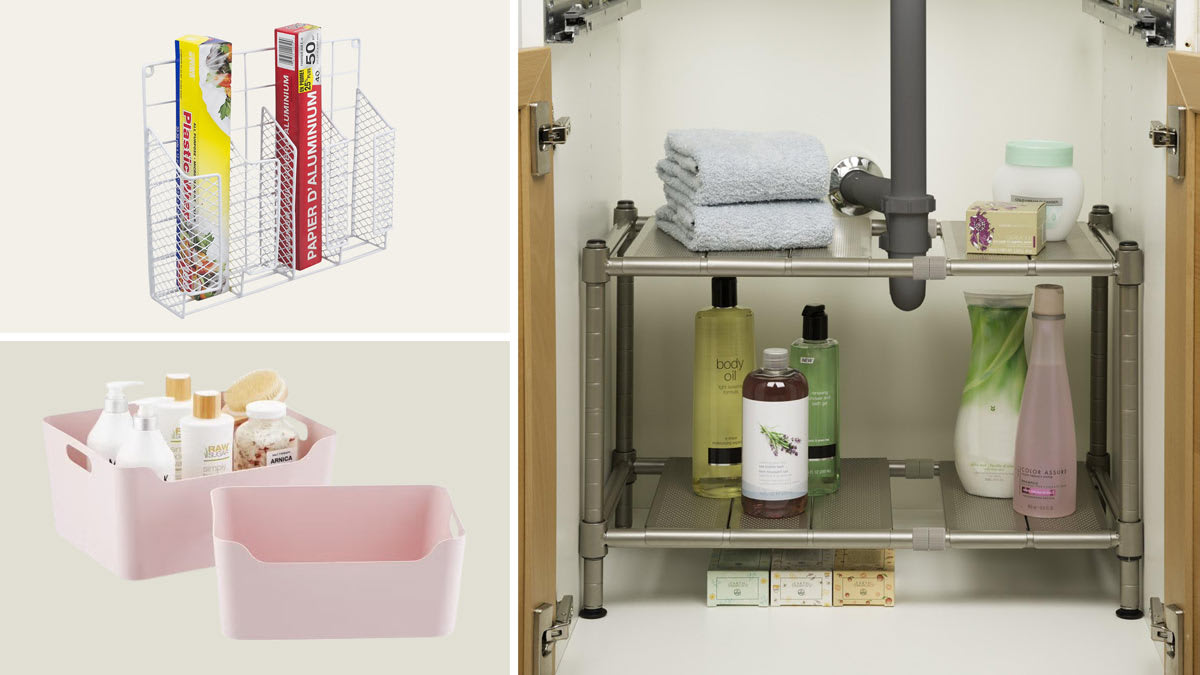 grid of Home Basics Cabinet Door Organizer and Container Store Plastic Storage Bin with Handles on beige backgrounds and Seville Classics 2-Tier Expandable Under-the-Sink Organizer under a sink with bathroom supplies