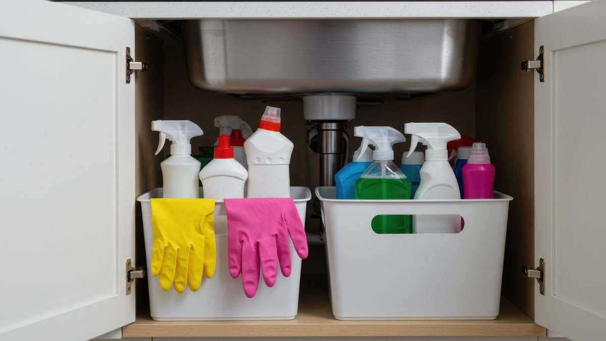 view of cabinet under a kitchen sink with two white bins filled with cleaning supplies and rubber gloves