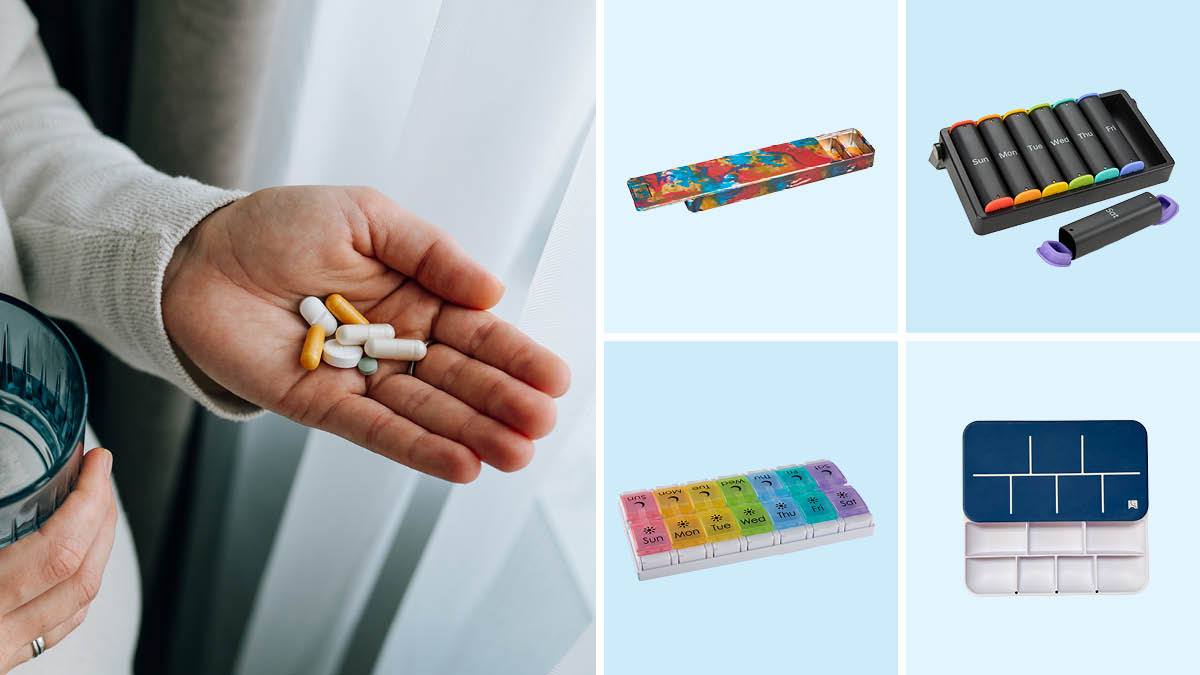 A hand holding pills and a glass of water, Ikigai, plus images of CVS, EllieGrid, Koviuu, and Ikigai pill organizers.