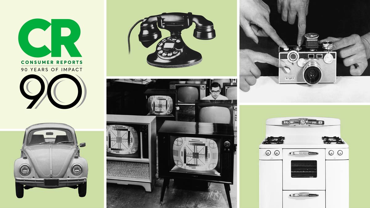 CR logo with ‘90,’ alongside vintage consumer products including a rotary telephone, a classic camera, early television sets, a 1950s-style car, and a mid-century stove