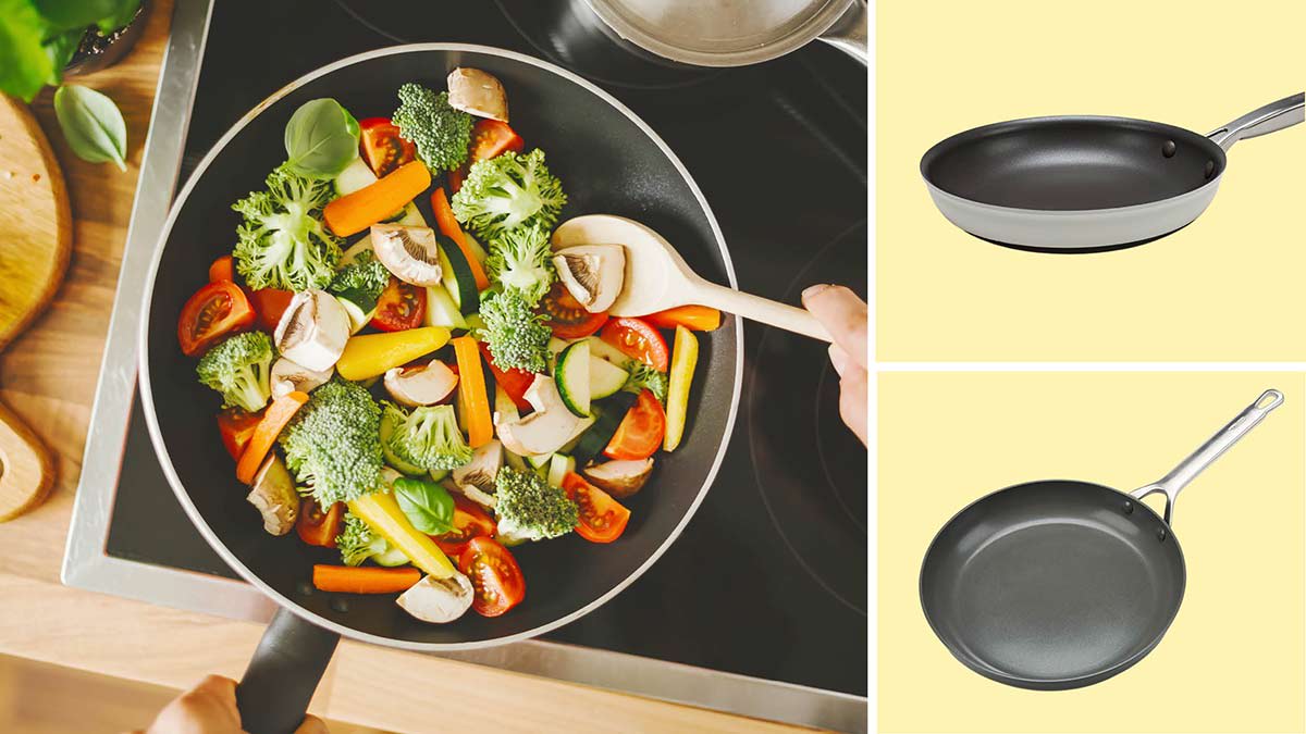 Clockwise from left: overhead view of someone cooking vegetables in a nonstick frying pan. Anolon Achieve Hard Anodized Nonstick, GreenPan Bobby Flay Chef Series Hard Anodized pan.