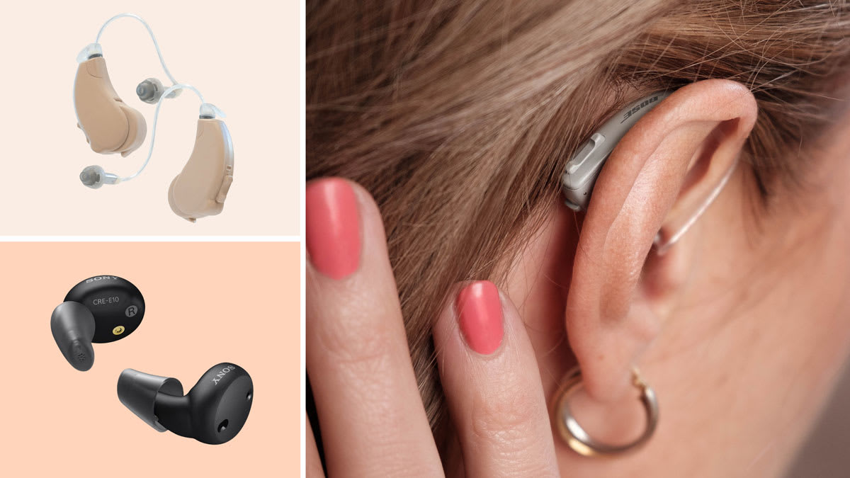 grid with Sony CRE-E10 and Lucid Engage hearing aids on light orange backgrounds, and close up of person's ear with Lexie B1 hearing aid