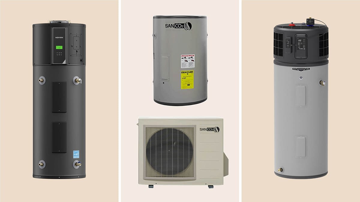 From left to right: Navien NWP500-50 water heater, Sanden SanCO 2 water heater, GE Profile Geospring PH50S10BPY water heater