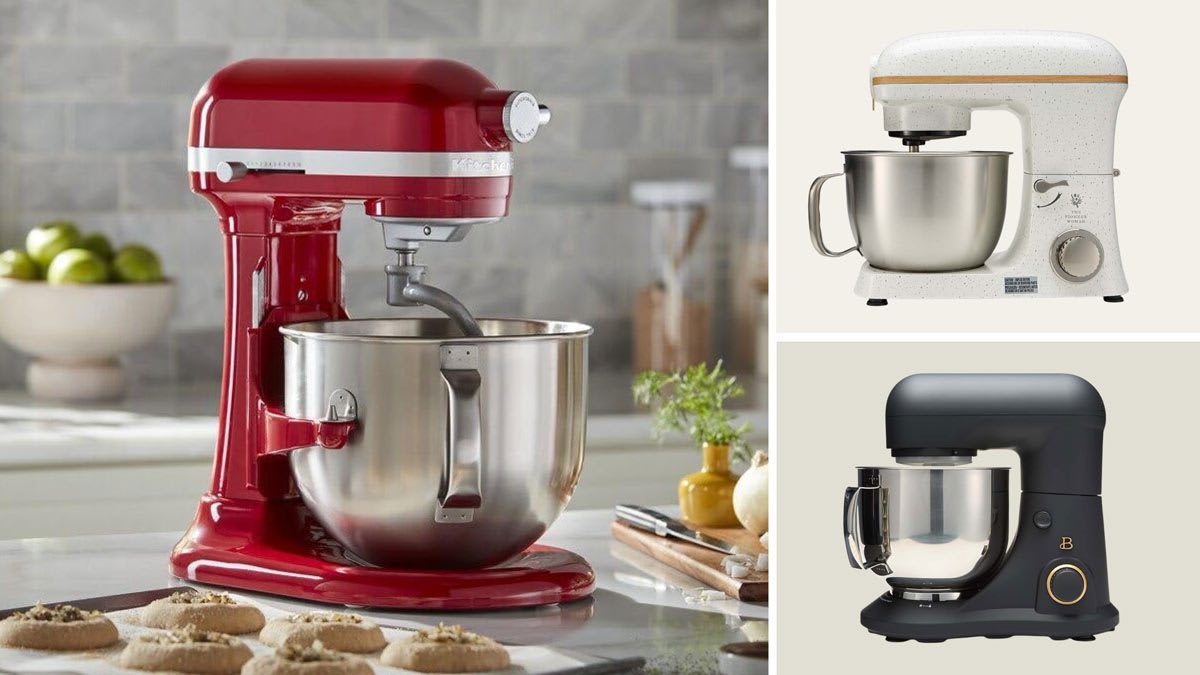 red KitchenAid Bowl Lift KSM70 stand mixer on counter with baking sheet of cookies and Pioneer Woman PW3509956914017 and Beautiful by Drew Barrymore 19113 stand mixers on beige backgrounds