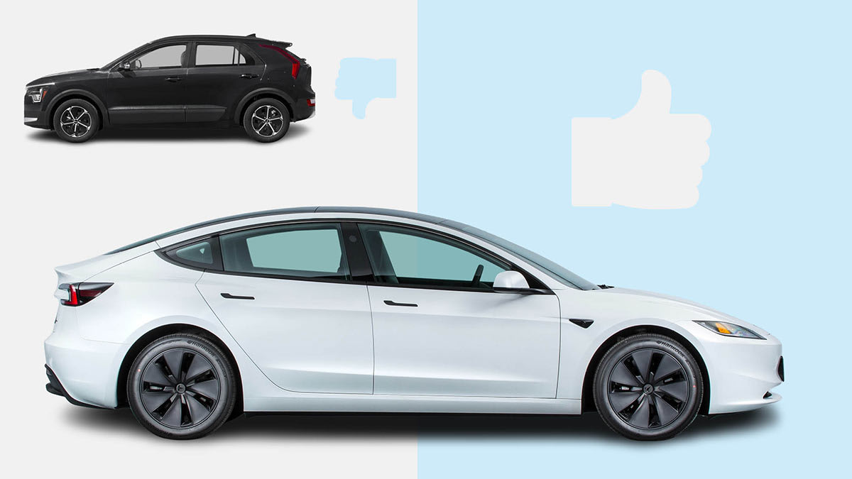 2025 Kia Niro Electric next to graphic thumbs down and 2024 Tesla Model 3 next to graphic thumbs up.