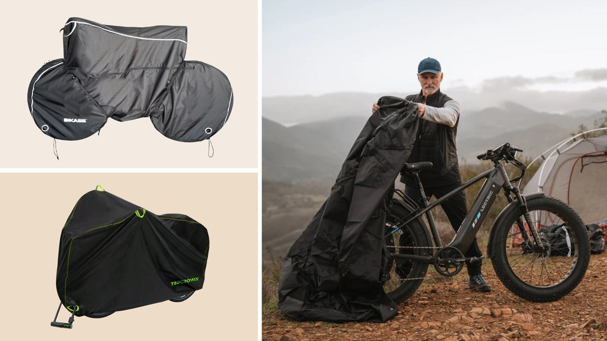 grid with BiKASE EBike Cover and Topcrown E-Bike Waterproof Cover on beige backgrounds and person covering e-bike with Lectric eBikes Bike Cover with tent and misty mountains in background