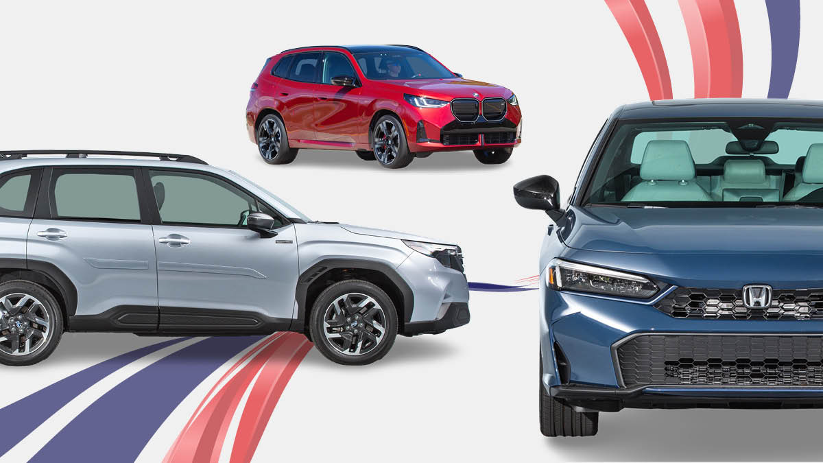 Three cars on red white and blue
