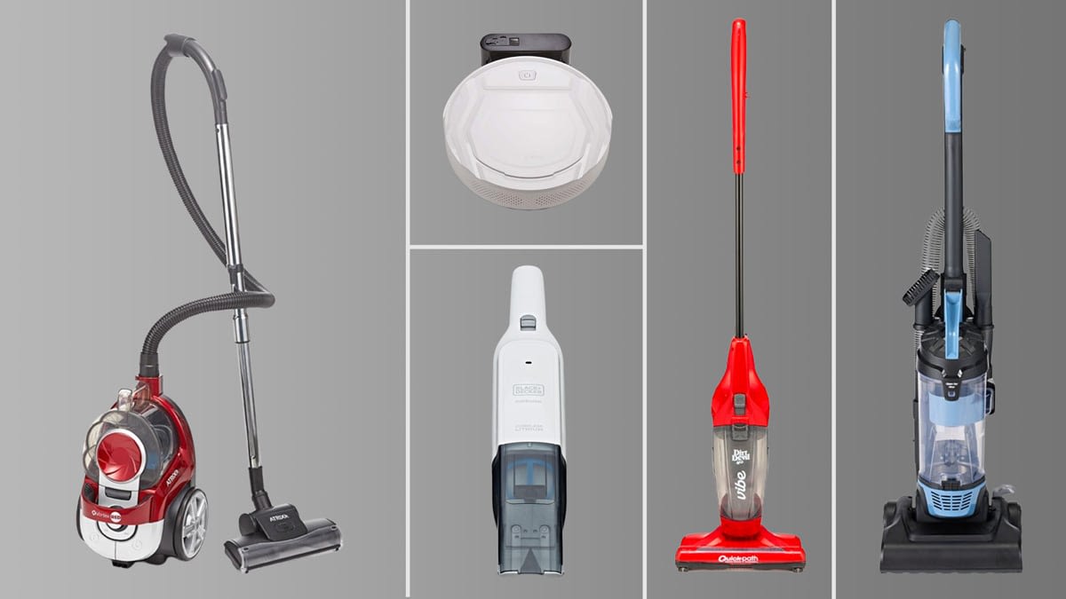 Atrix Vortex VR25BCV canister vacuum, Lefant M210 robotic vacuum, Dirt Devil Vibe SD20020 stick vacuum, Mainstays (Walmart) Bagless Upright Vacuum Cleaner, and Black+Decker Dustbuster HLVC315B10 handheld vacuum on grey background with white lines separating them