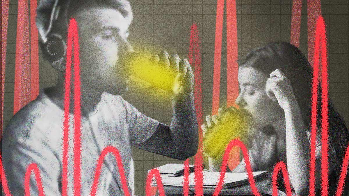 Teenage boy and girl sipping from cans of energy drinks with spiky red EKG lines surrounding them.