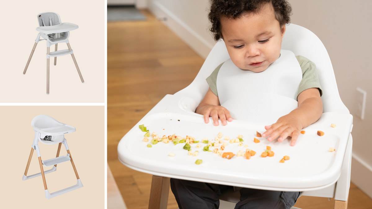 grid with Chicco Zest LE and Munchkin Float Easy Foldable high chair on beige backgrounds and baby in Mockingbird The High Chair with food on tray