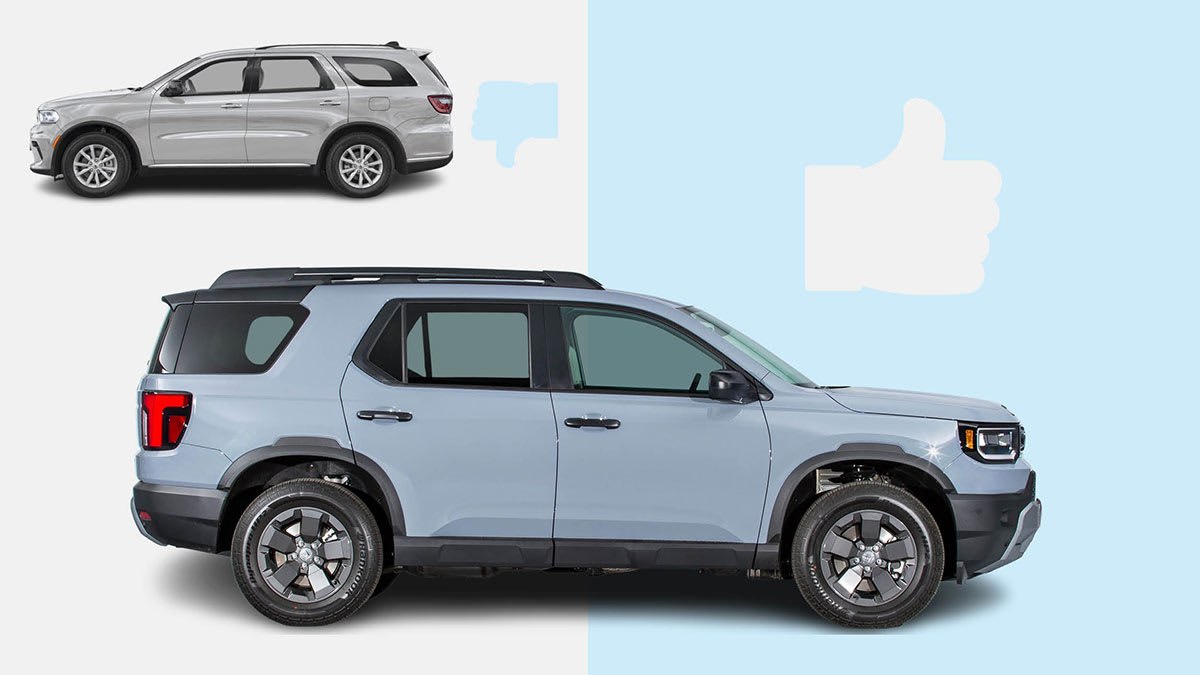 2025 Dodge Durango next to graphic thumbs down icon and 2025 Honda Passport next to graphic thumbs up icon