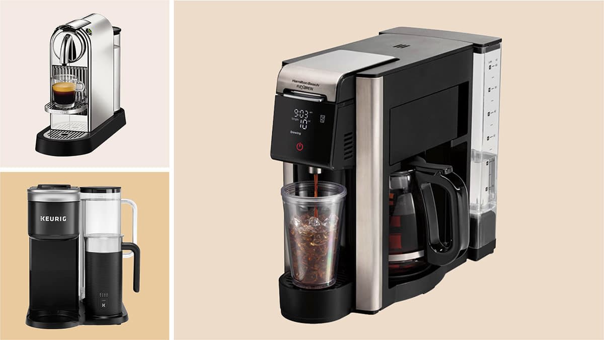 Clockwise from top left: Nespresso CitiZ, the Hamilton Beach Advanced 5-in-1 combination brewer, and the Keurig K-Café Smart coffee maker.