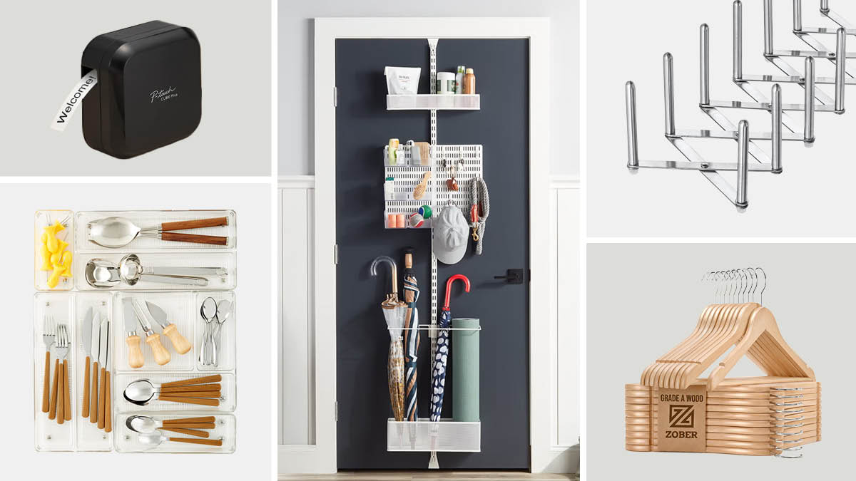 P-touch cube, Container Store drawer organizer, IKEA rack, Container Store door organizer, wooden hangers