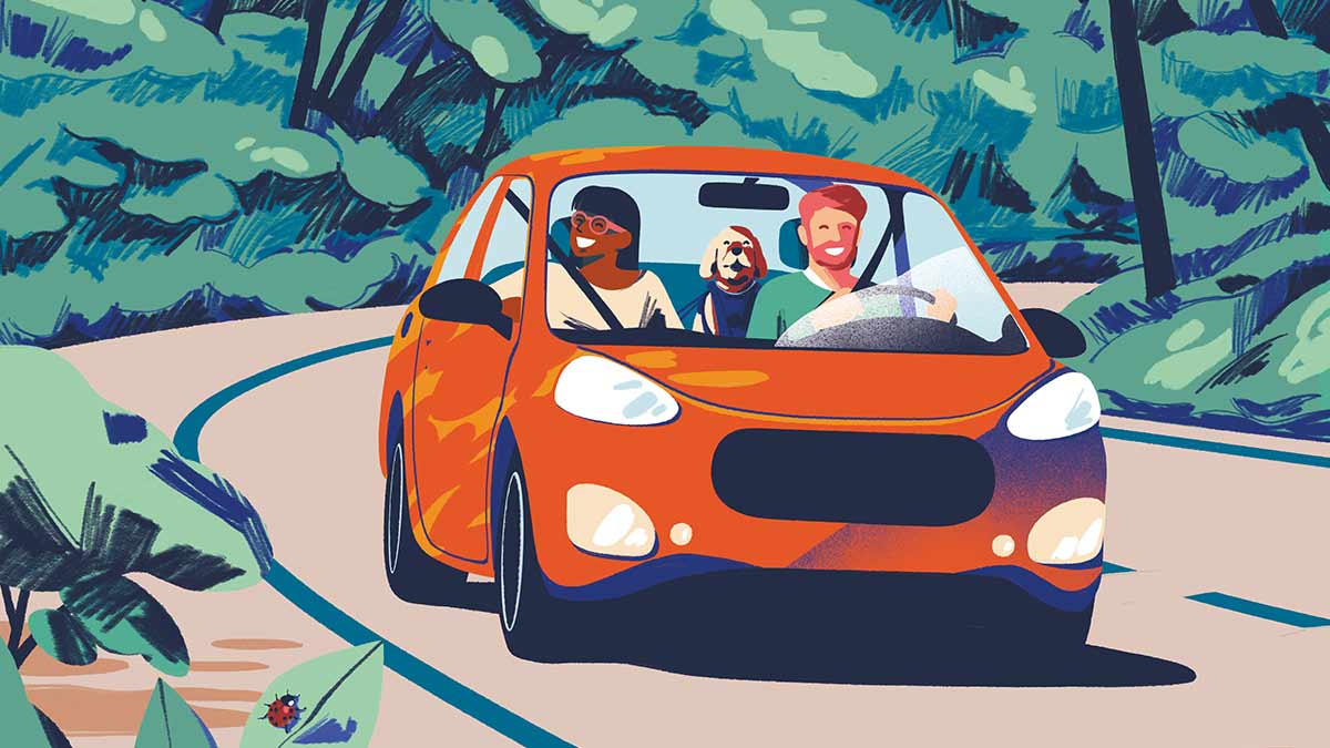 An illustration of a woman loading groceries into her car trunk.