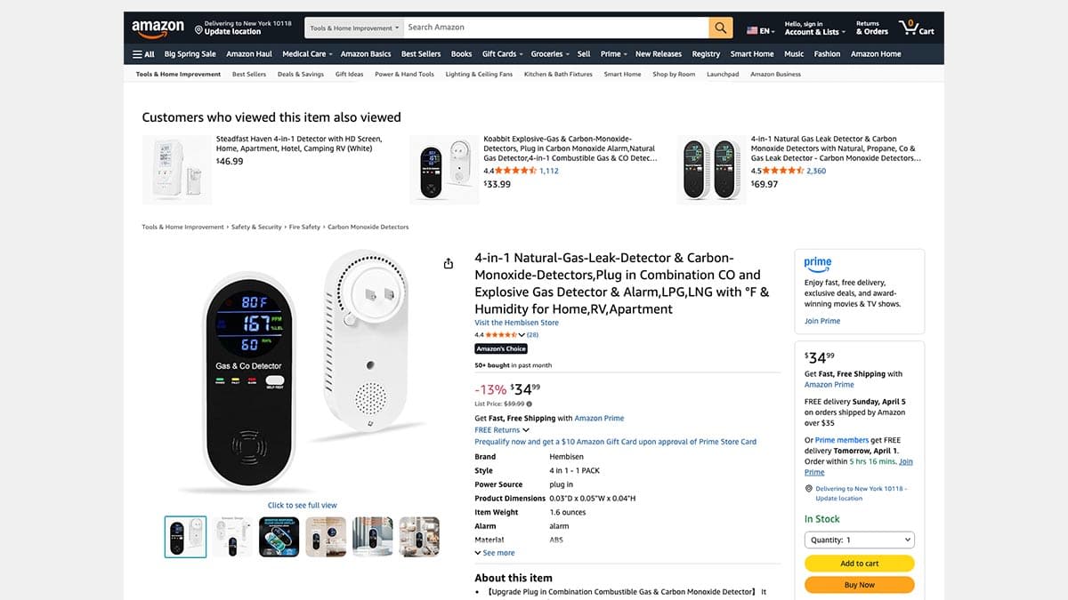 Screenshot of a "4-in-1 Natural-Gas-Leak-Detector & Carbon-Monoxide-Detector" that is labeled as "Amazon's Choice" and on sale for $34.99.
