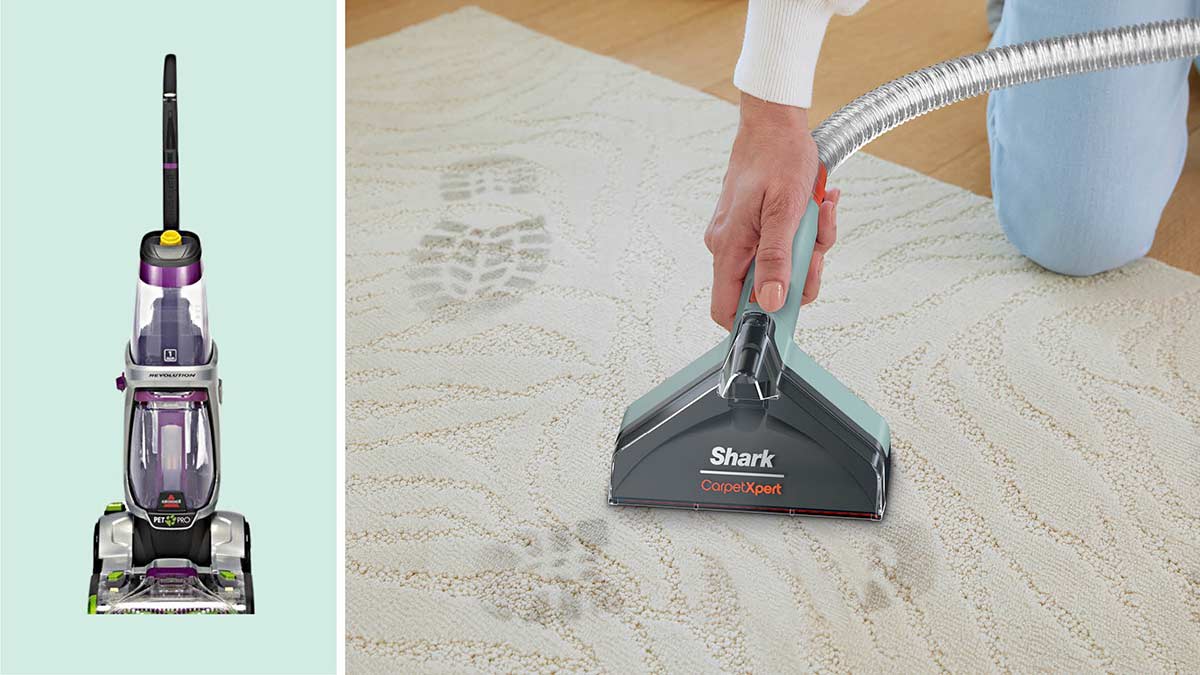 Left-Right: Bissell ProHeat 2x Revolution Pet Pro Plus 3588F and a hand holding an attachment from the Shark CarpetXpert EX201, cleaning a dirty rug.