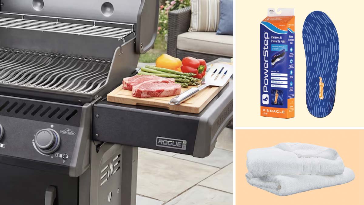 A roundup of three products, featuring a Napoleon gas grill with a cutting board of food, PowerStep insoles, and white towels.