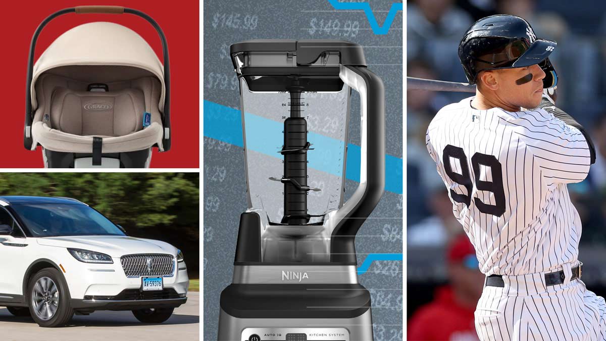 Clockwise: Graco SnugRide Turn & Slide rotating child car seat, Ninja Bender, Yankee player swinging bat, and 2026 Lincoln Corsair Reserve AWD