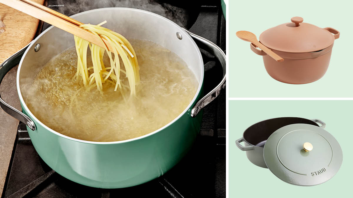 grid with wooden tongs taking out pasta from green Caraway Dutch Oven on stove and Our Place Perfect Pot and Staub Enameled Cast Iron Essential French Oven on light green backgrounds