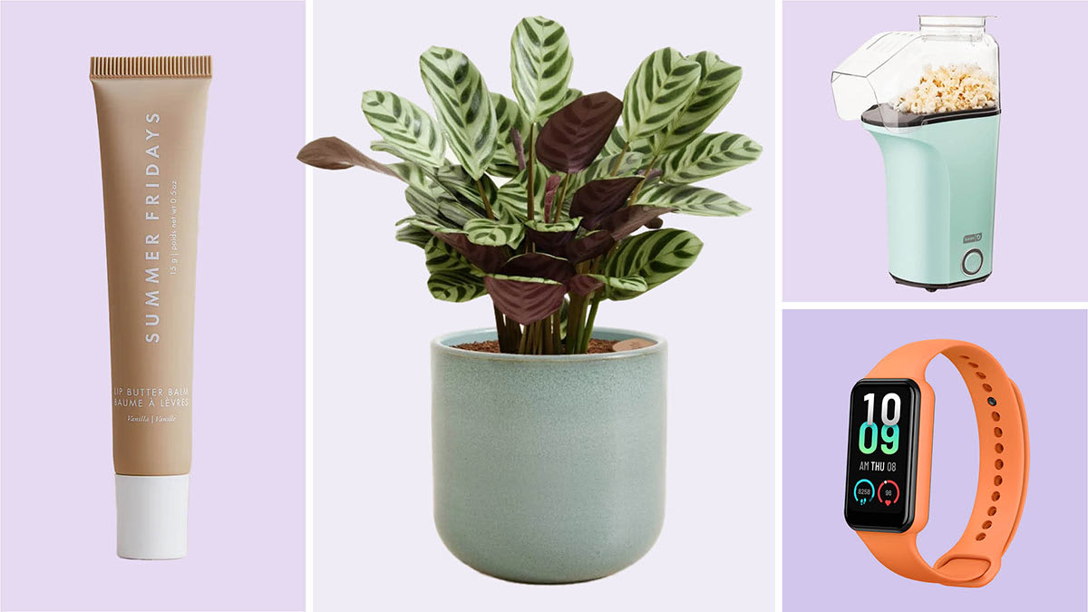 Clockwise from left: Summer Fridays Lip Butter Balm, Easy Plant Marxii Calathea, Dash Hot Air Popcorn Popper, Amazfit Band 7
