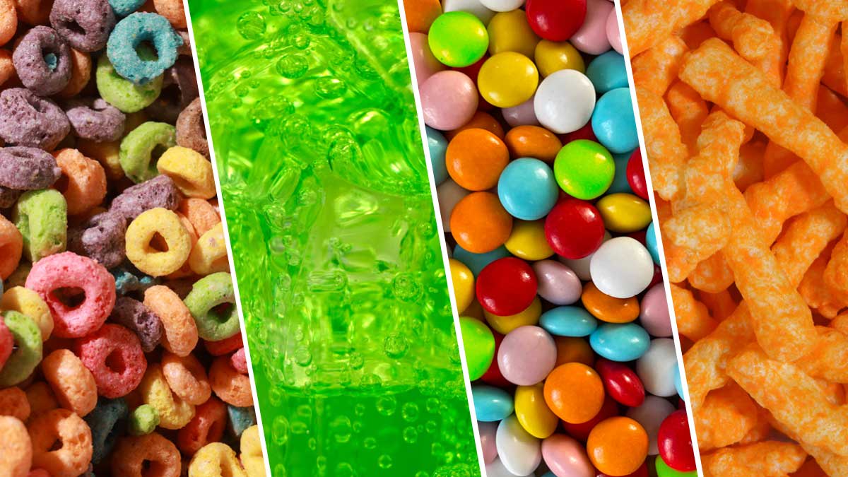 Multicolored cereal loops, neon green soda, assorted candy-coated chocolates, and orange cheese puffs