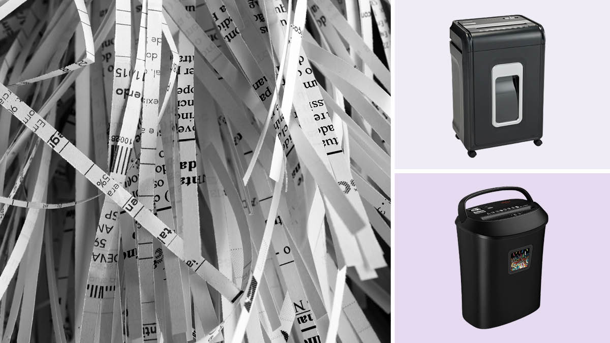 grid with close up of shredded paper and Aurora AU2260XA and VidaTeco 1201C paper shredders on light purple backgrounds
