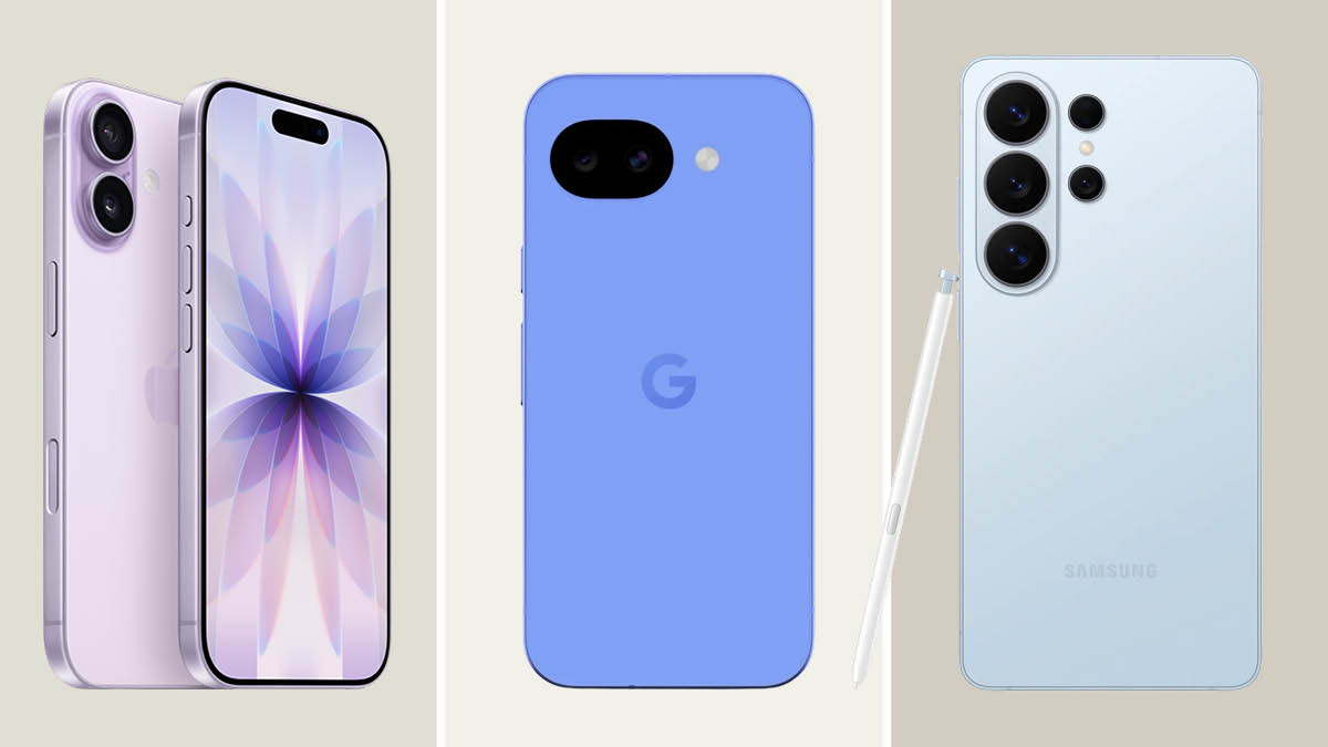 grid with Apple iPhone 17, Google Pixel 10a, and Samsung Galaxy S26 Ultra smartphones on beige backgrounds