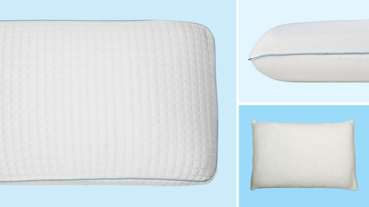 grid with cropped overhead view of PureLUX Simply Cool Memory Foam, side view of Sealy Dreamlife, and overhead view of Plank by Brooklyn Bedding Premium Shredded Foam on light blue backgrounds
