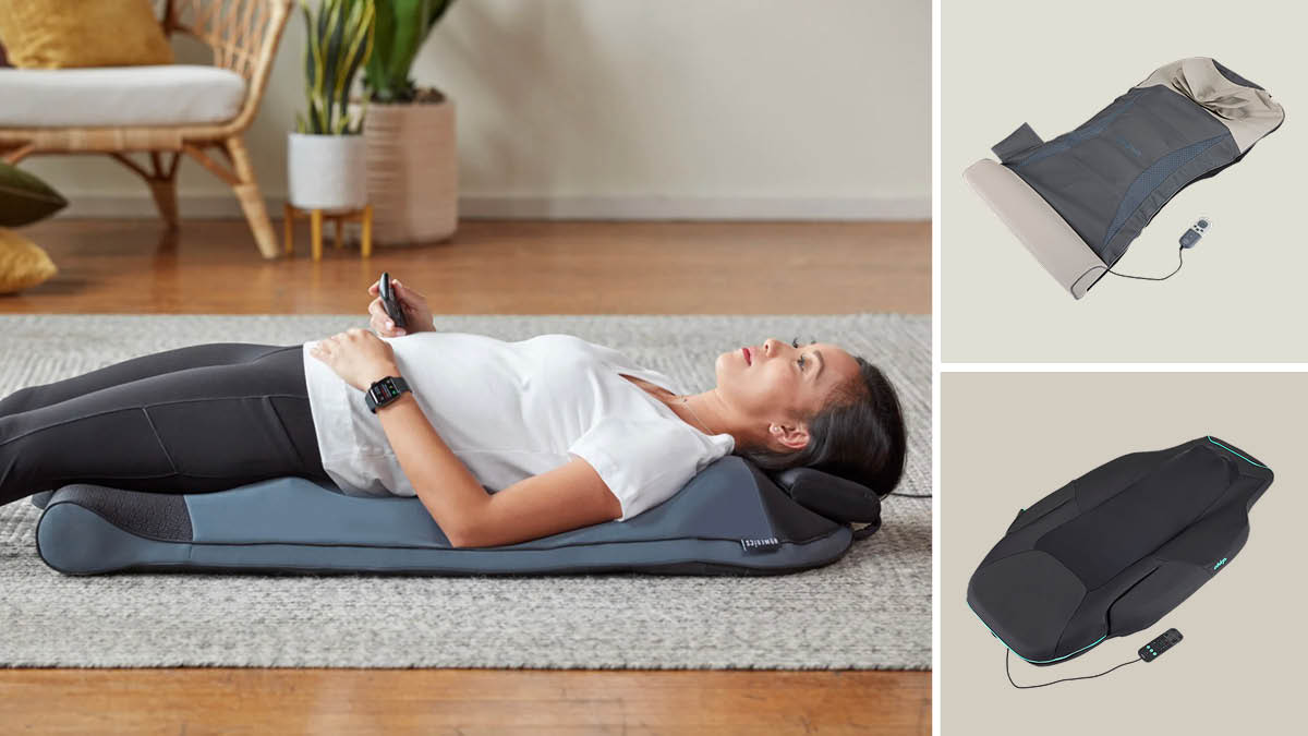 grid of three images with person lying of floor using HoMedics Body Flex Back Stretching Mat with Heat, Renpho Aeria Lumbar Neck and Back Massager, and Chirp Contour Decompression and Massage Table on beige backgrounds