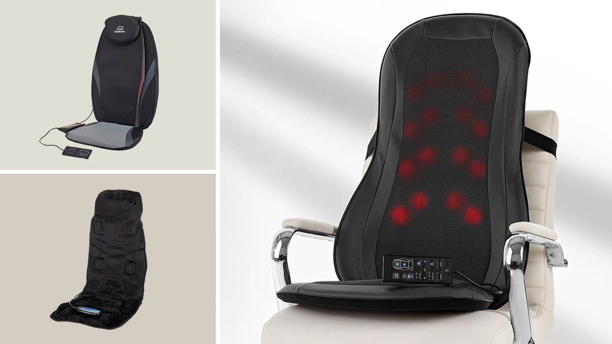 grid of three images with Comfier Vibration Back Massager, Snailax Back Massager with Heat, and Sharper Image Massage Seat Cushion on white office chair
