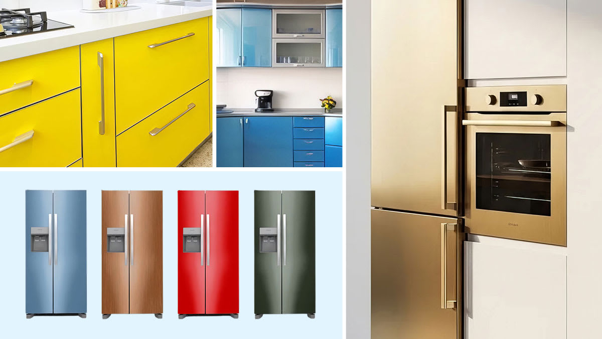 grid of 4 images with 3M 2080 Series Cabinet Wrap in yellow on lower kitchen cabinets and in blue on upper and lower kitchen cabinets, 4 fridges of different colors with Avery Dennison SW900 Refrigerator Wraps, and fridge and wall oven with 3M™ 2080 Satin Black Refrigerator Wraps