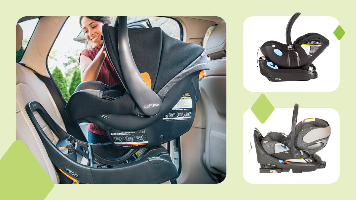 grid of three images with parent installing Chicco KeyFit car seat into car, Cybex Cloud T, and Clek Liing car seats with light green border and three graphic diamonds