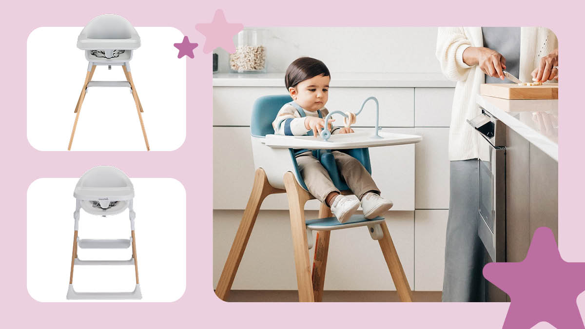 grid of three images with Stokke Clikk High Chair, Munchkin Float Easy Foldable, and baby in UppaBaby Ciro with parent chopping food on island, light purple background with three graphic purple stars