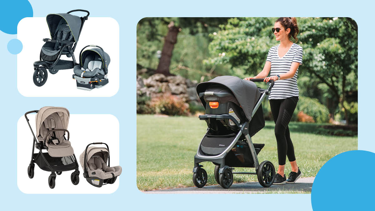 grid of three images with Chicco Active 3 Travel System, Nuna Swiv + Pipa Aire RX , and parent pushing Chicco Bravo Trio Travel System in park