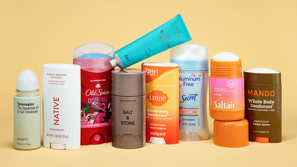 group of 9 different deodorants (Nécessaire, Native, Old Spice, Salt & Stone, Lumē, Secret, Saltair, and Mando)