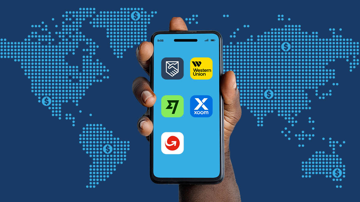Hand with phone displaying the icons of tested remittance apps.