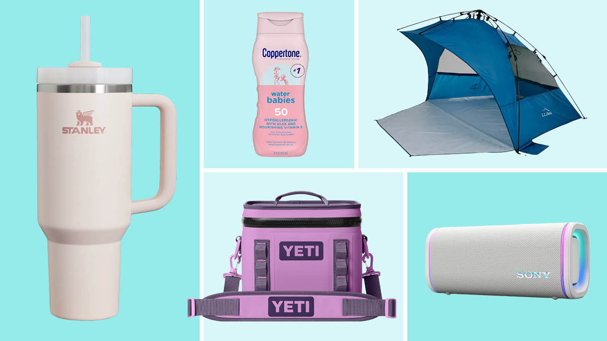 Stanley cup, Copptertone water babies lotion, Yeti soft cooler, Sony speaker, Sunbuster shade tent
